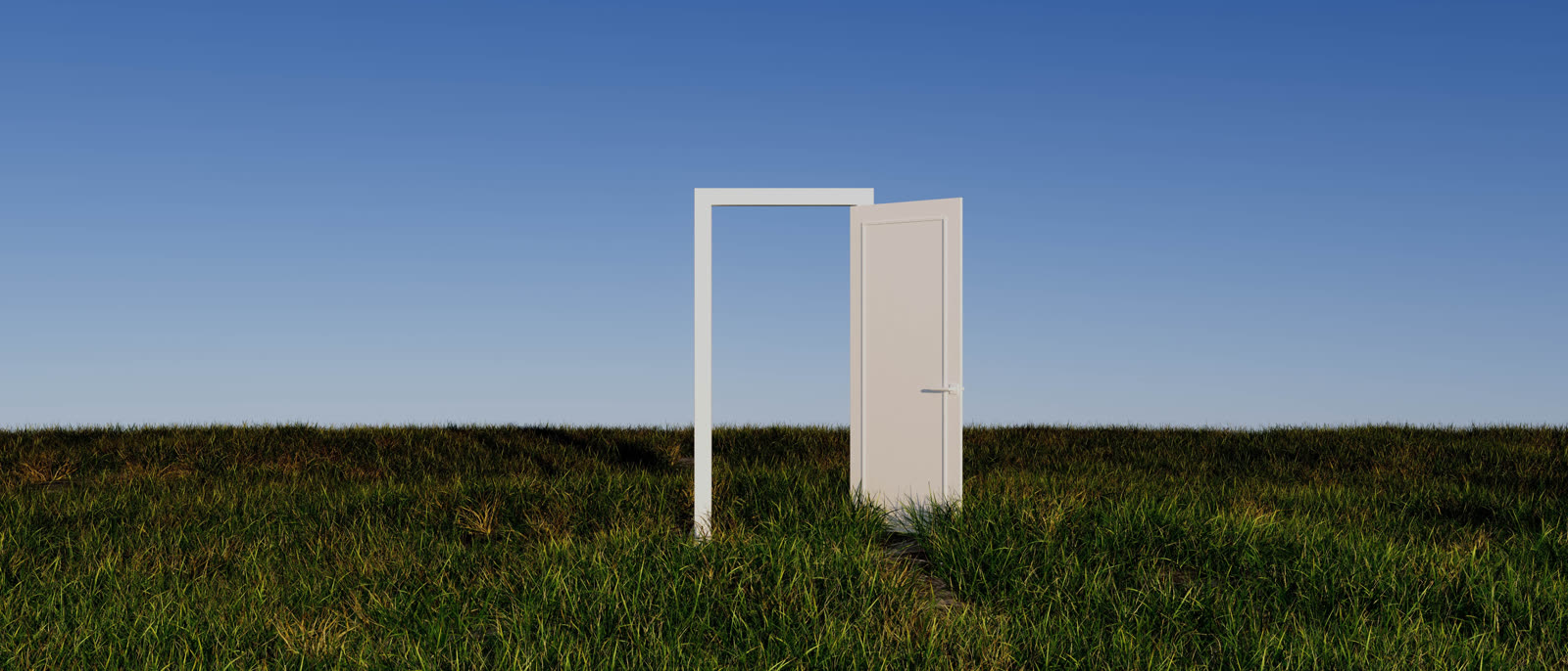 An open door standing in a grassy field under a blue sky.